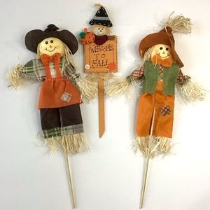 Scarecrows Picks Stakes Lot Of 3 Welcome To Fall Halloween Autumn Thanksgiving